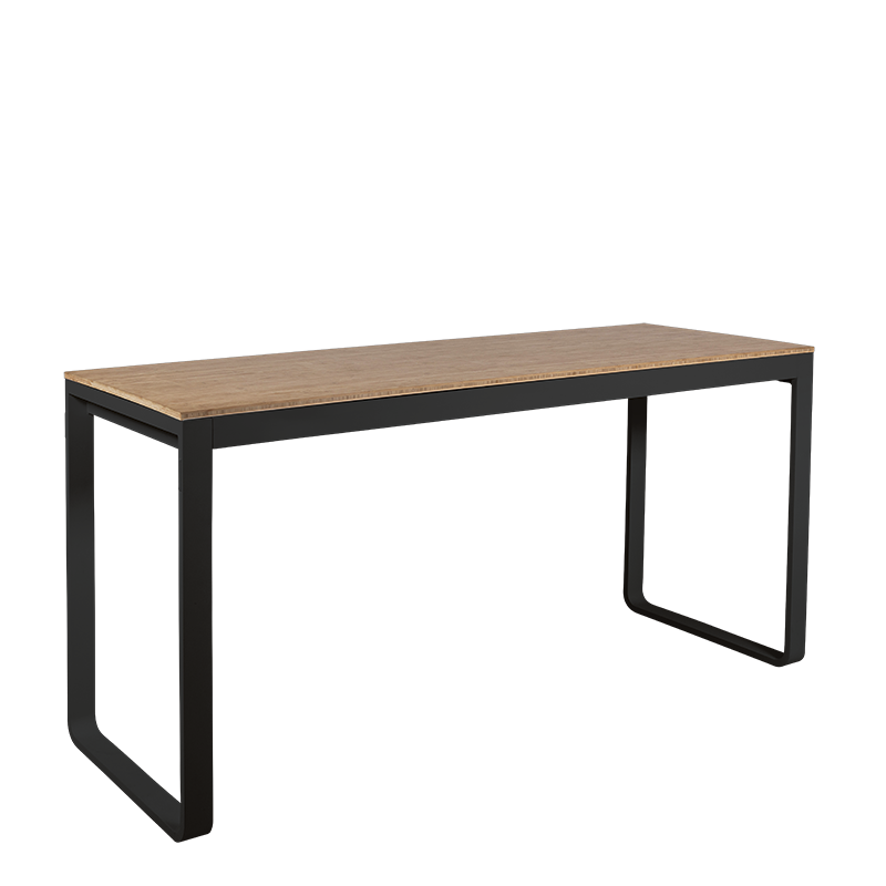 Mesa alta negra con sobre madera  80 x 230 cm Alt. 110 cm