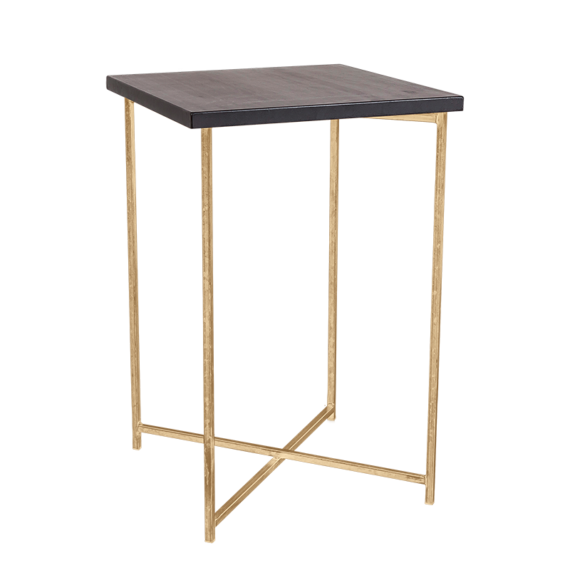 Mesa cóctel alta cruzada oro encimera negra 65 x 65 cm Alt.100 cm