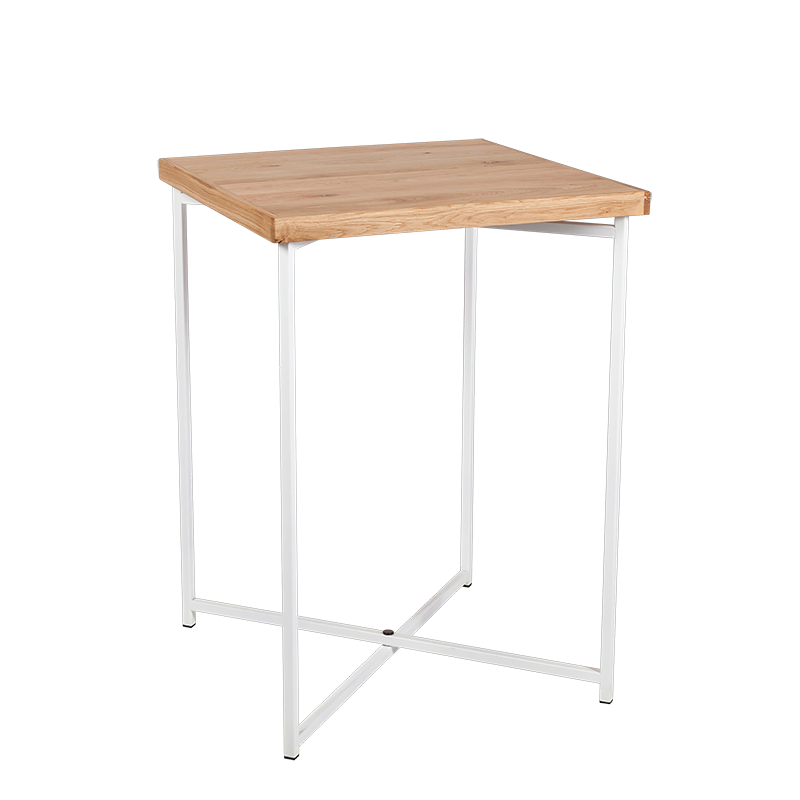 Mesa cóctel alta cruzada blanca encimera madera 65 x 65 cm 90 cm