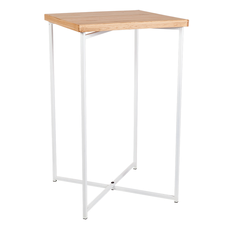 Mesa cóctel alta cruzada blanca encimera madera 65 x 65 cm 110 cm