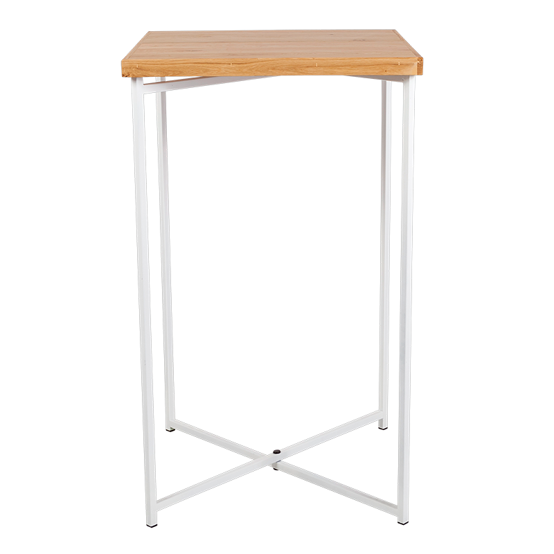 Mesa cóctel alta cruzada blanca encimera madera 65 x 65 cm 110 cm