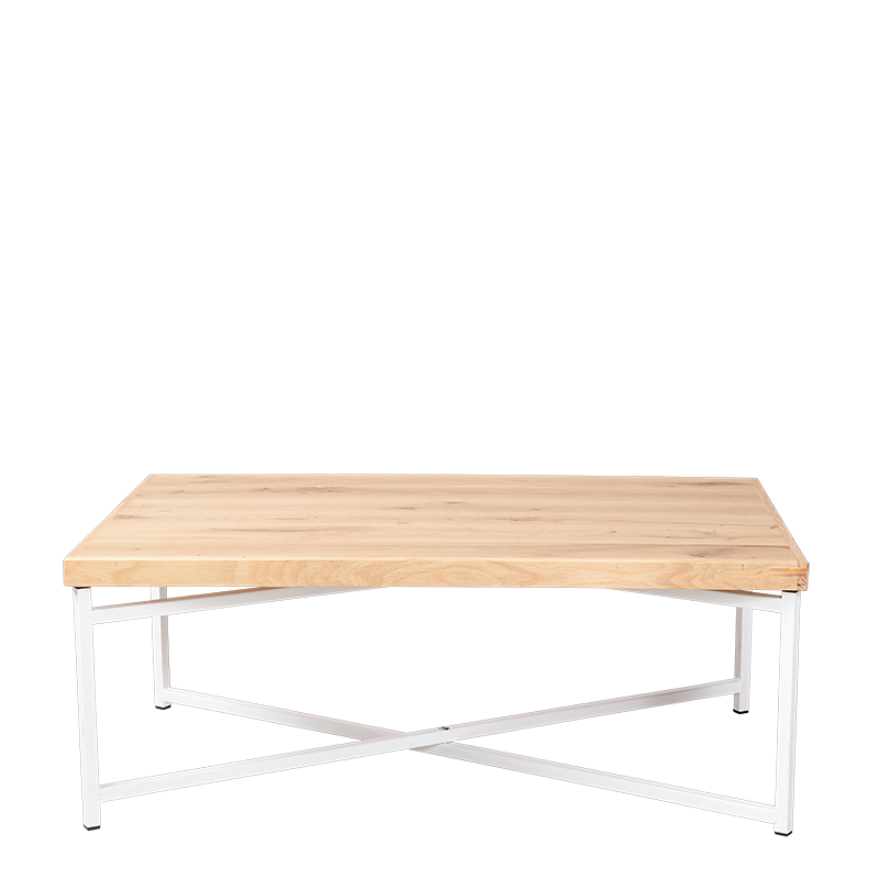 Mesa baja cruzada blanca con sobre de madera 64 x101 cm Alt 35 cm