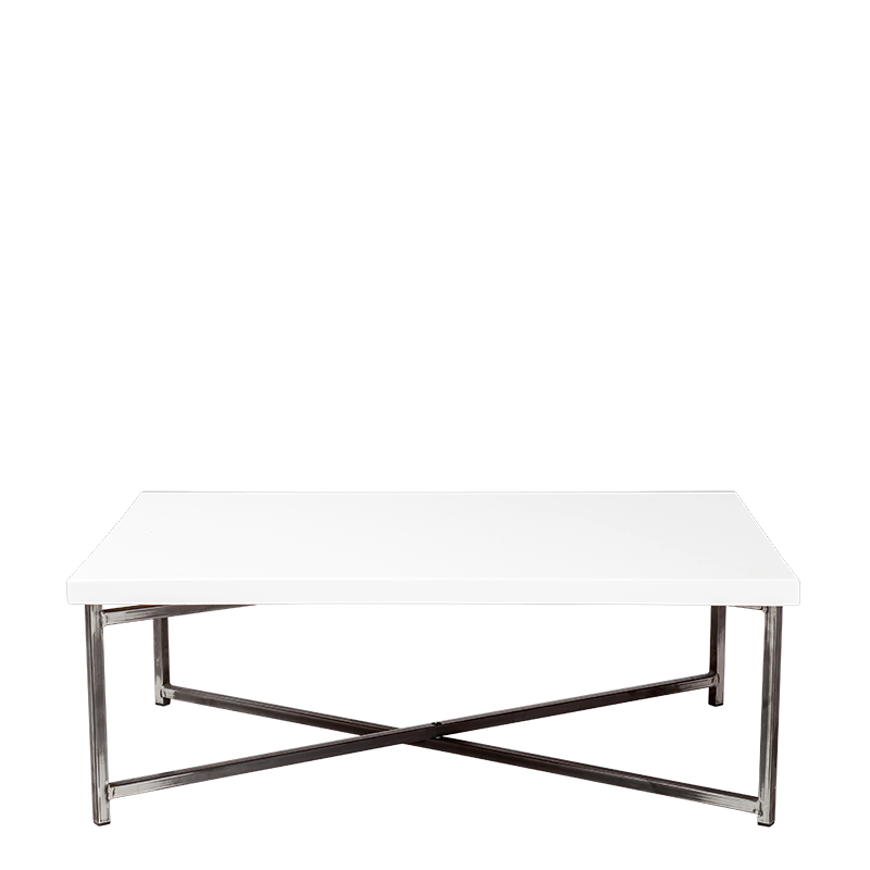 Mesa baja cruzada acero con sobre blanco 64 x 101 cm Alt 35 cm