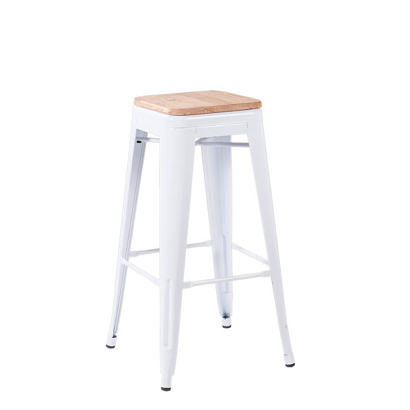 Taburete industrial blanco con asiento de madera Alt. 78 cm