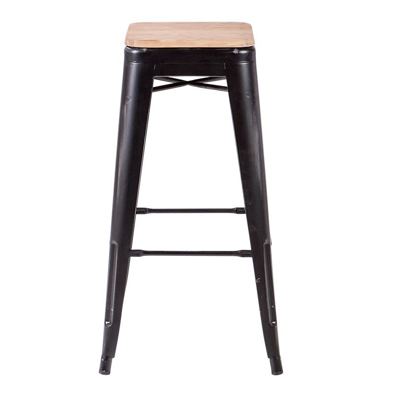 Taburete industrial negro con asiento de madera Alt. 78 cm