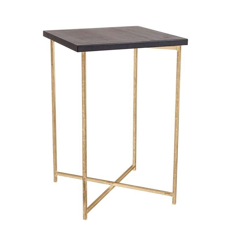 Mesa cóctel alta cruzada oro encimera negra 65 x 65 cm Alt.100 cm