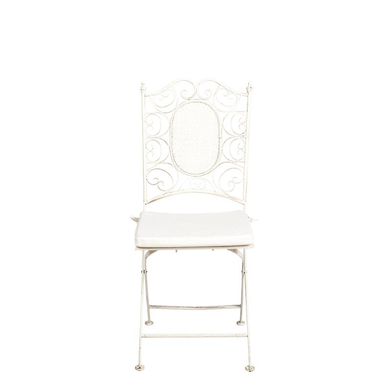 Silla Chantilly vintage blanca de hierro forjado con cojín crudo
