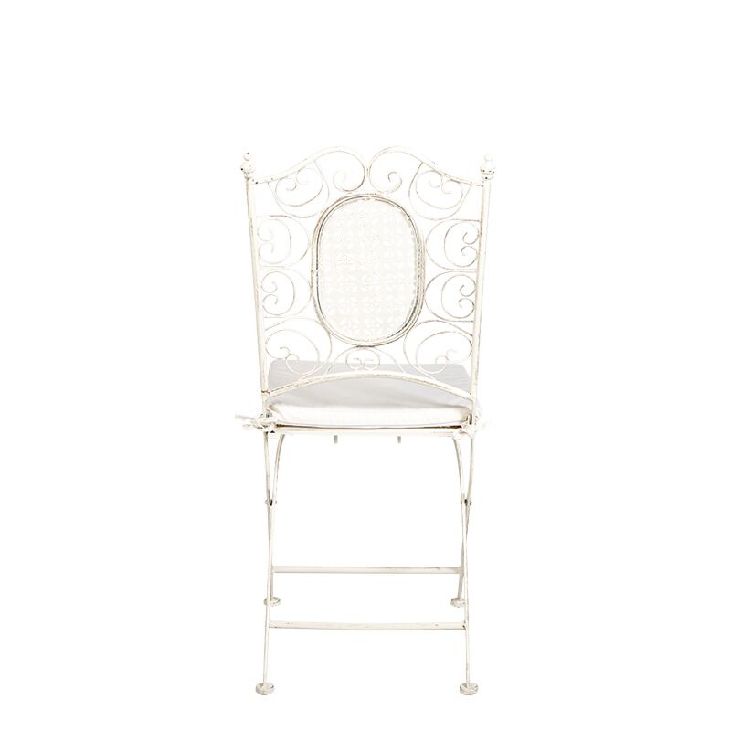 Silla Chantilly vintage blanca de hierro forjado con cojín crudo