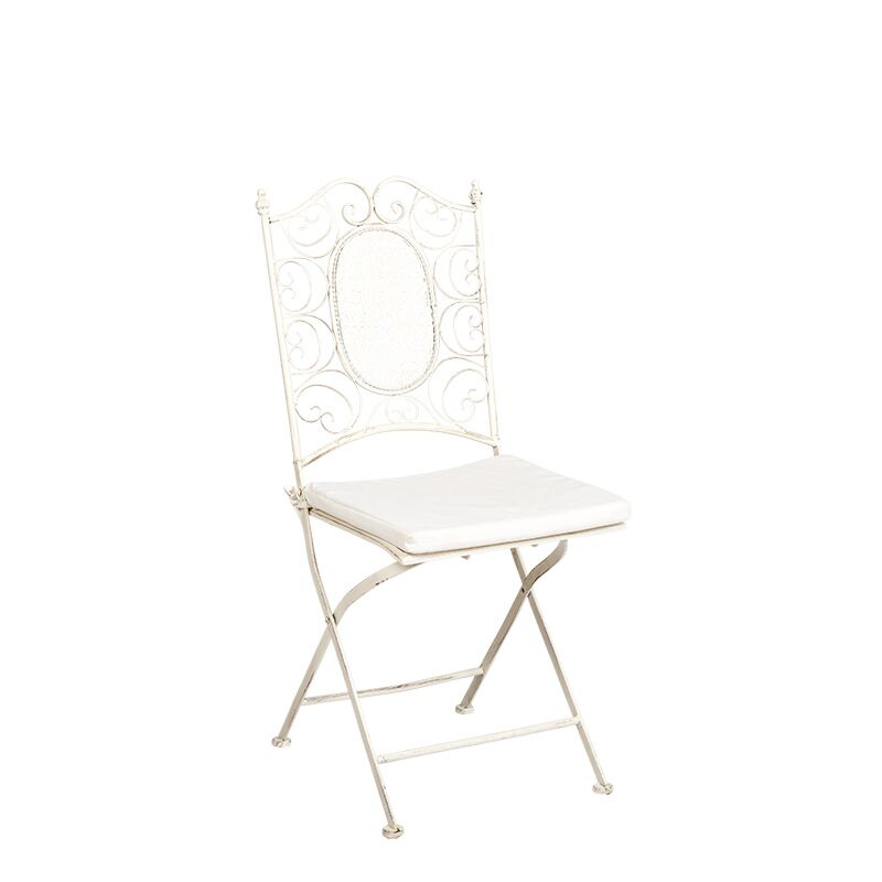 Silla Chantilly vintage blanca de hierro forjado con cojín crudo
