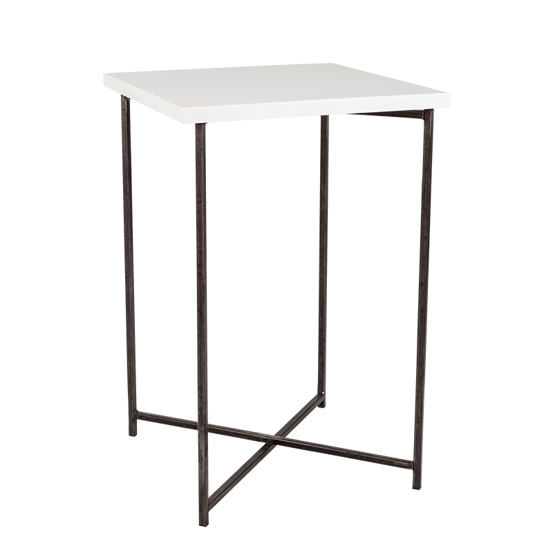 Mesa cóctel alta cruzada acero encimera blanca 65 x 65 Alt 100 cm