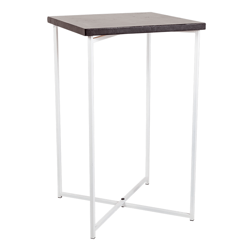 Mesa cóctel alta cruzada blanca encimera negra 65 x 65 cm 110 cm