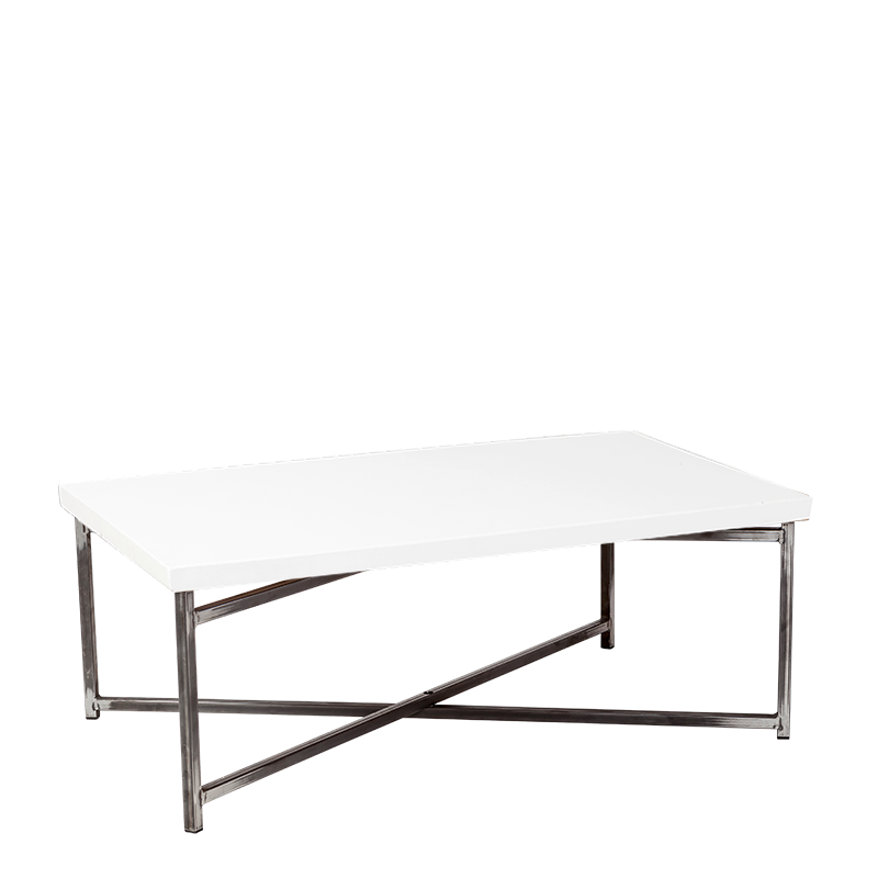 Mesa baja cruzada acero con sobre blanco 64 x 101 cm Alt 35 cm