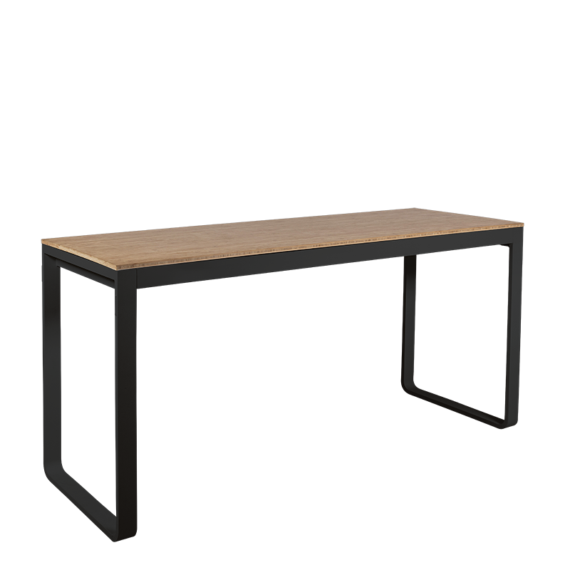 Mesa alta negra con sobre madera  80 x 230 cm Alt. 110 cm